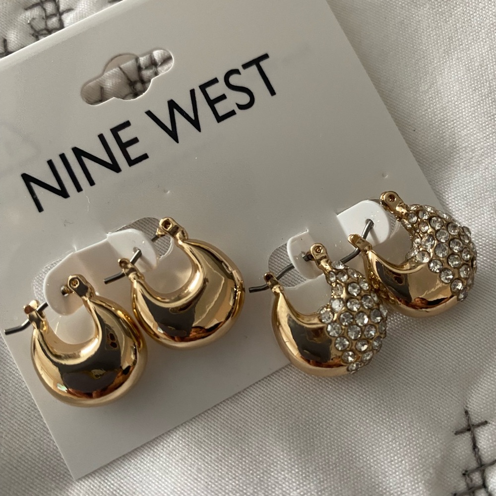 Nine West | Gold Tone Pave Puffy Hoop Duo Earrings | NWT